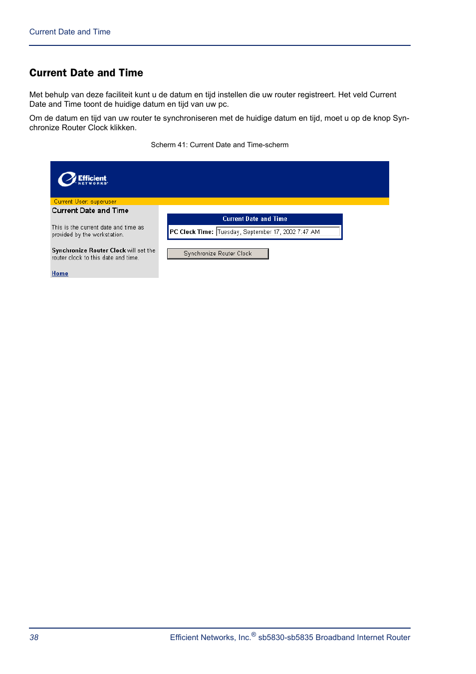 Current date and time, Router clock | Efficient Networks SB5835 User Manual | Page 38 / 83
