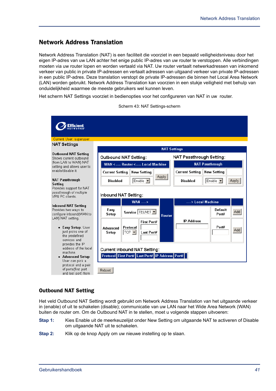 Network address translation, Outbound nat setting | Efficient Networks SB5835 User Manual | Page 41 / 83