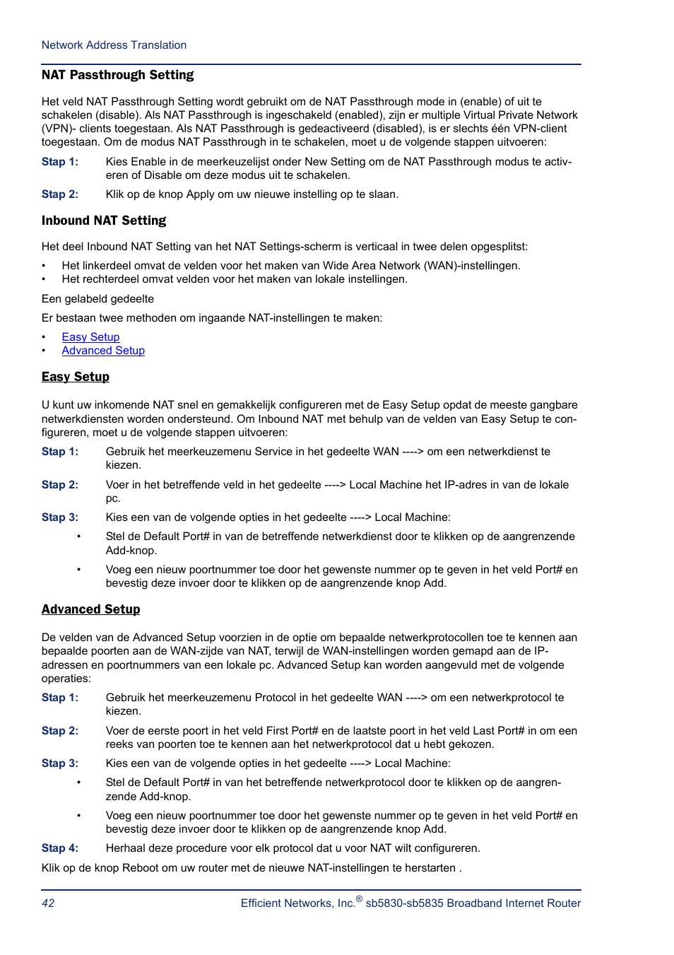 Nat passthrough setting, Inbound nat setting, Easy setup | Advanced setup, Nat passthrough setting inbound nat setting, Easy setup advanced setup | Efficient Networks SB5835 User Manual | Page 42 / 83