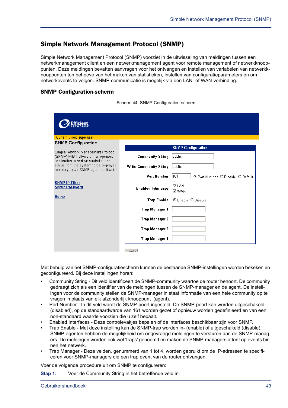 Simple network management protocol (snmp), Snmp configuration-scherm, Snmp | Efficient Networks SB5835 User Manual | Page 43 / 83