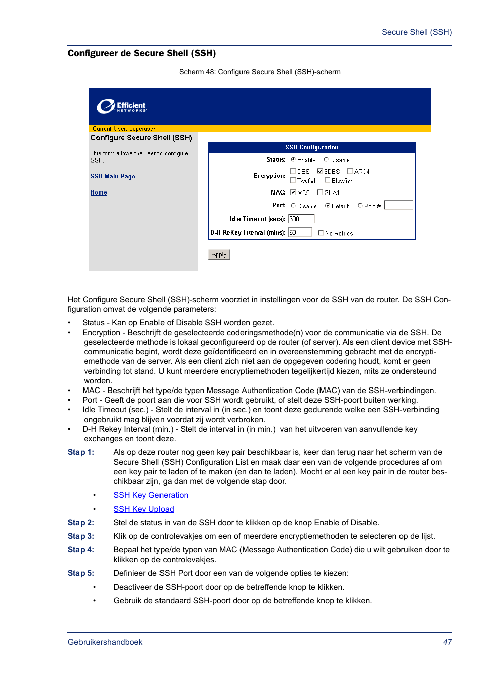 Configureer de secure shell (ssh), Ssh configureren | Efficient Networks SB5835 User Manual | Page 47 / 83