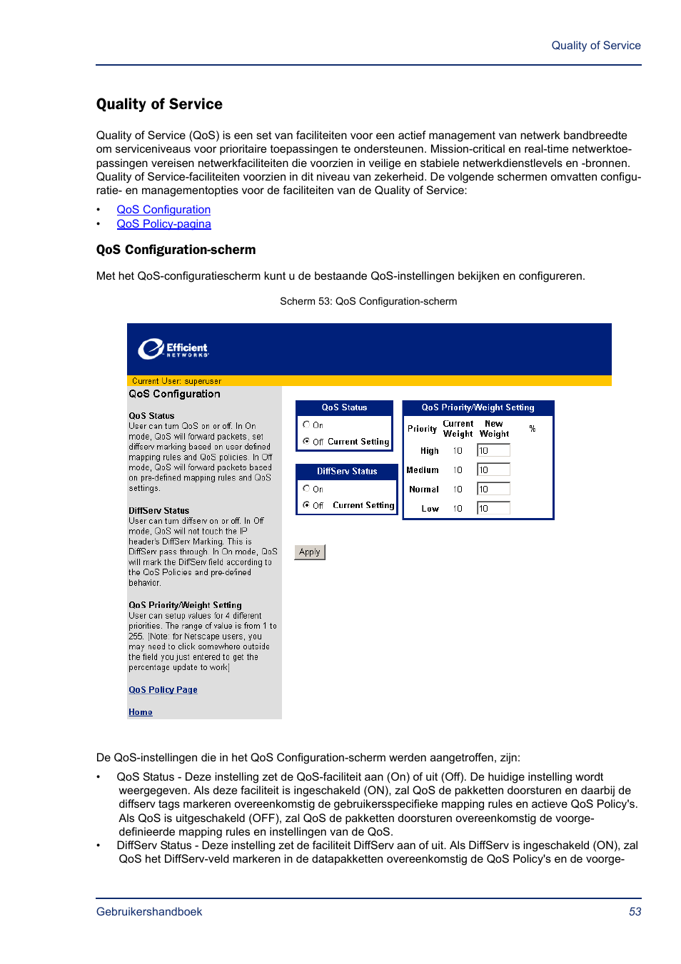 Quality of service, Qos configuration-scherm, Quality of service (qos) | Efficient Networks SB5835 User Manual | Page 53 / 83