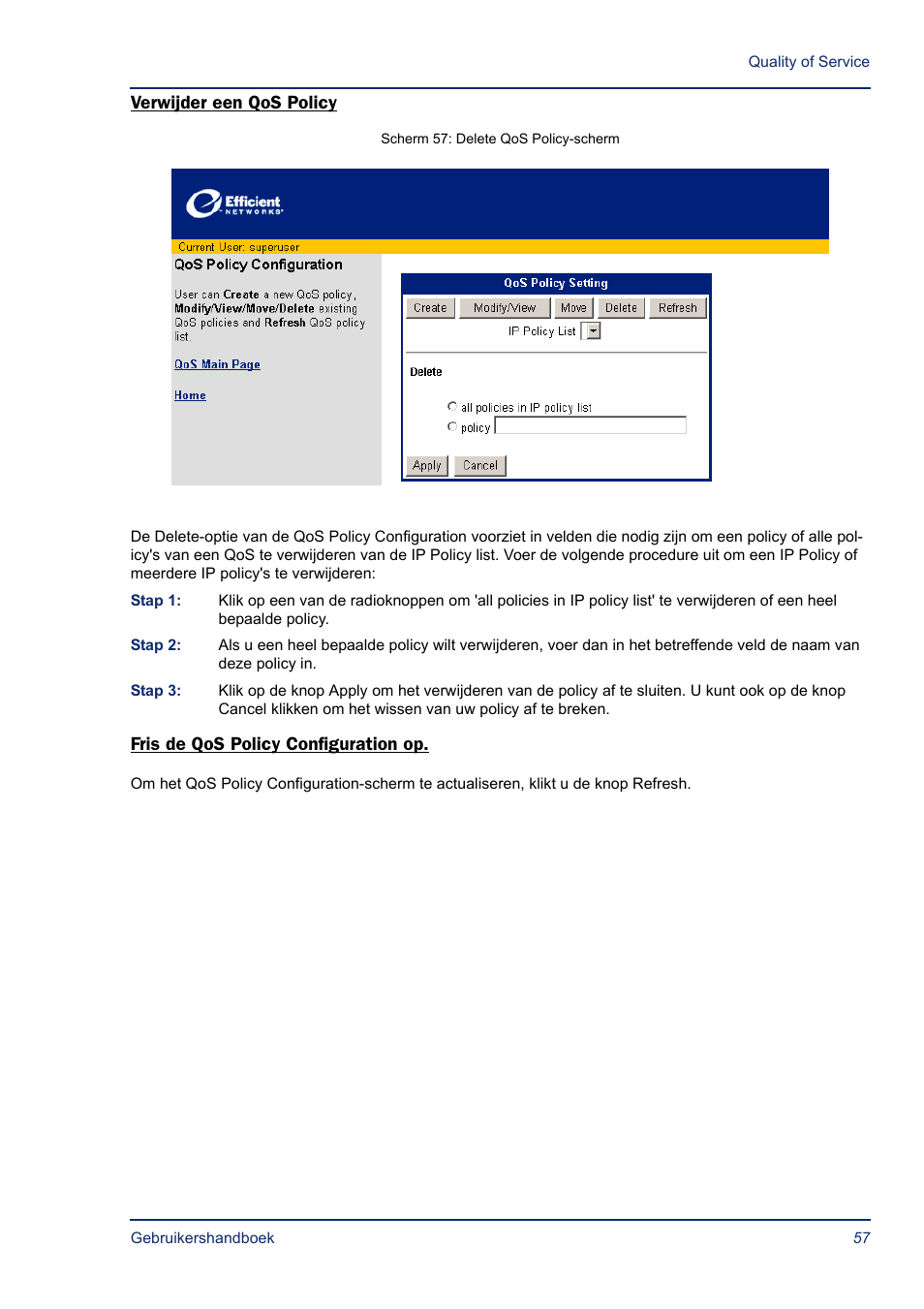 Verwijder een qos policy, Fris de qos policy configuration op, Verwijder | Opfrissen | Efficient Networks SB5835 User Manual | Page 57 / 83