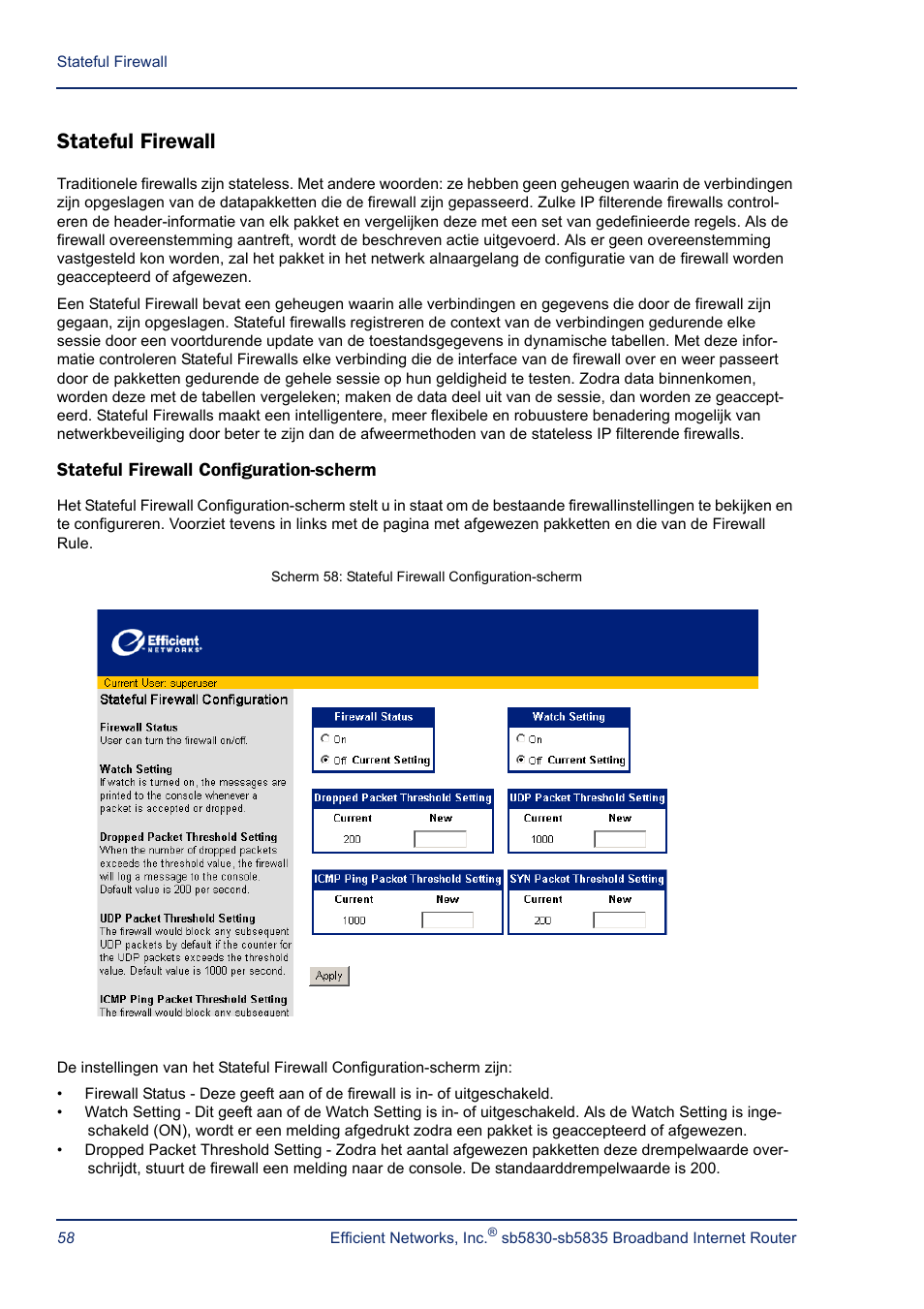 Stateful firewall, Stateful firewall configuration-scherm | Efficient Networks SB5835 User Manual | Page 58 / 83