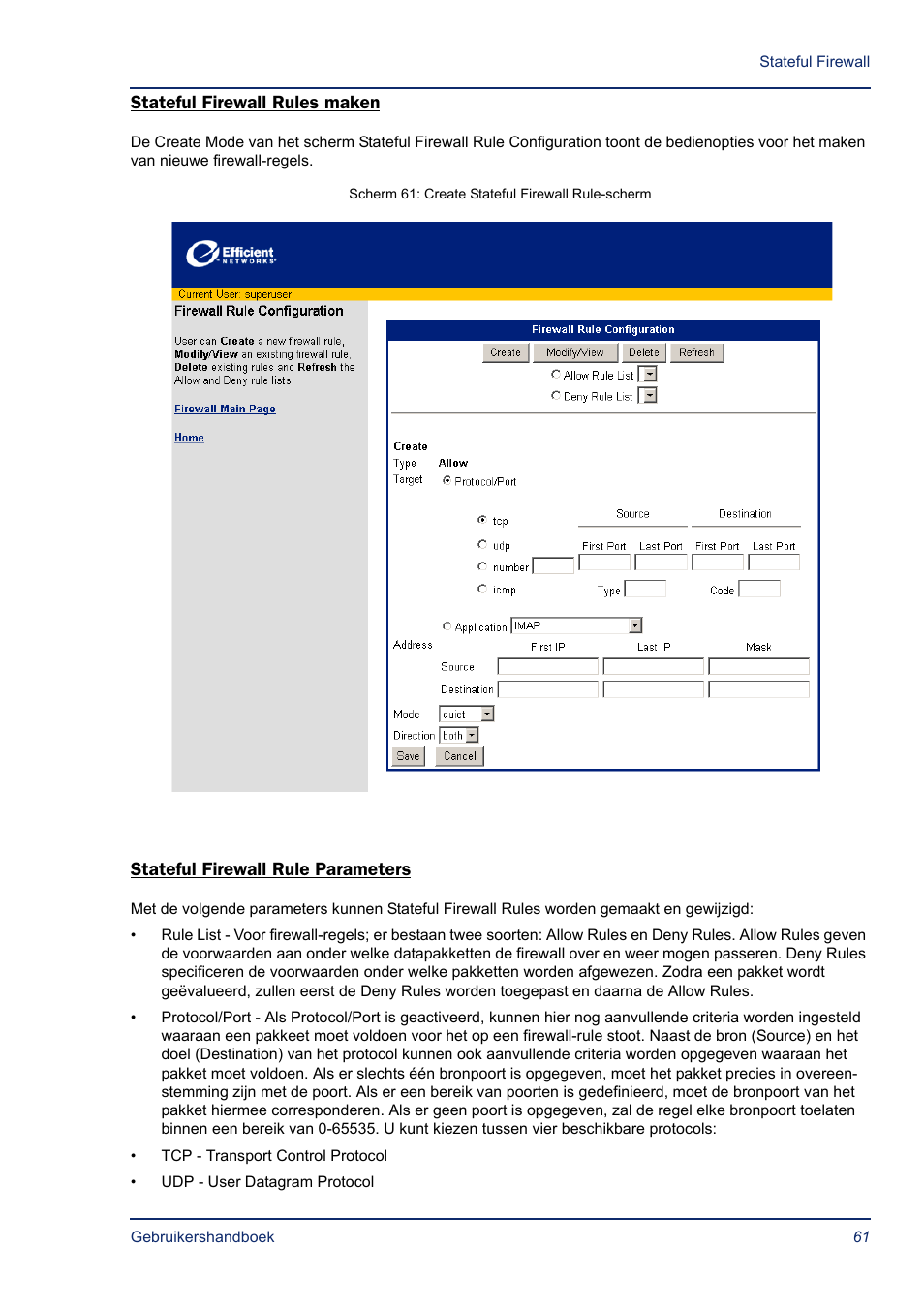 Stateful firewall rules maken, Stateful firewall rule parameters, Maak | Nieuw | Efficient Networks SB5835 User Manual | Page 61 / 83