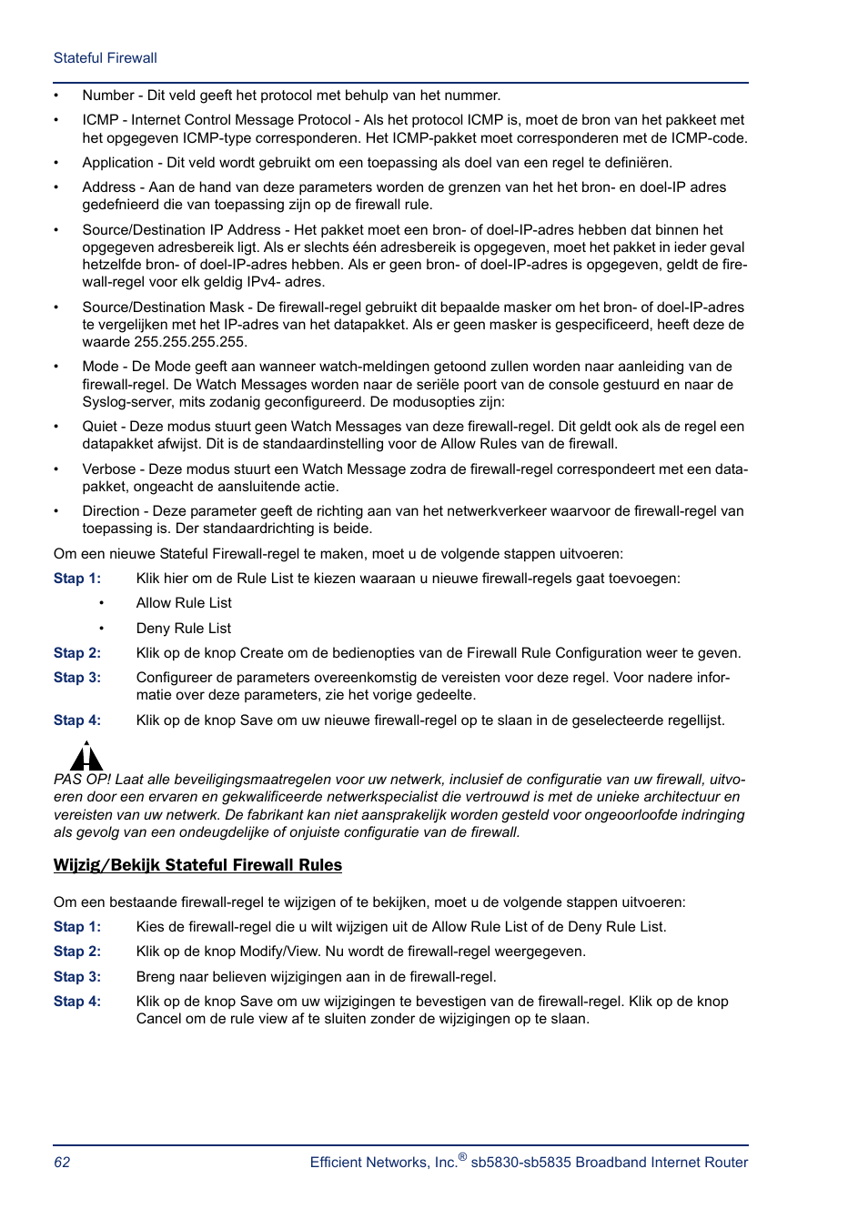 Wijzig/bekijk stateful firewall rules, Wijzig of bekijk | Efficient Networks SB5835 User Manual | Page 62 / 83