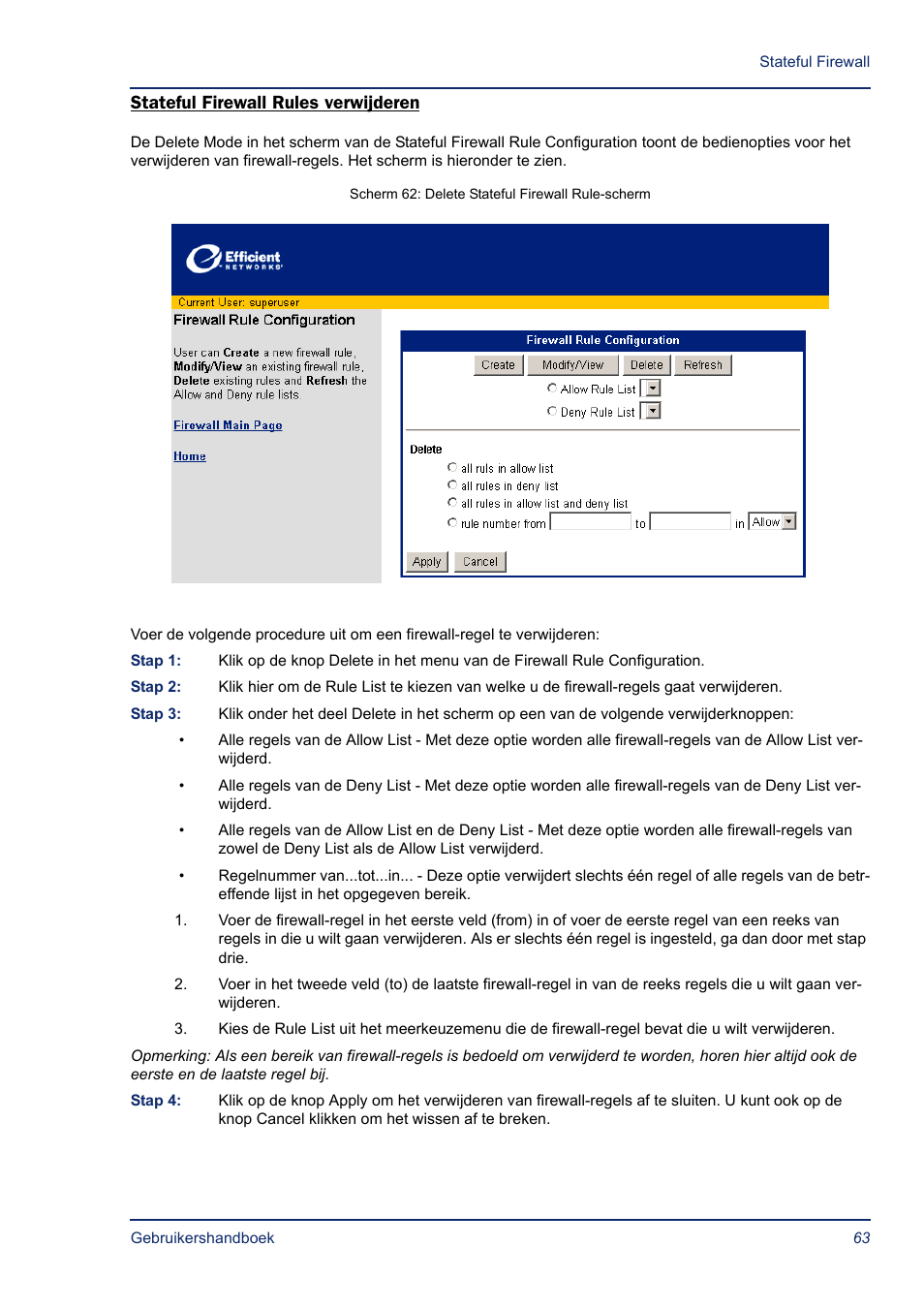 Stateful firewall rules verwijderen, Verwijder | Efficient Networks SB5835 User Manual | Page 63 / 83