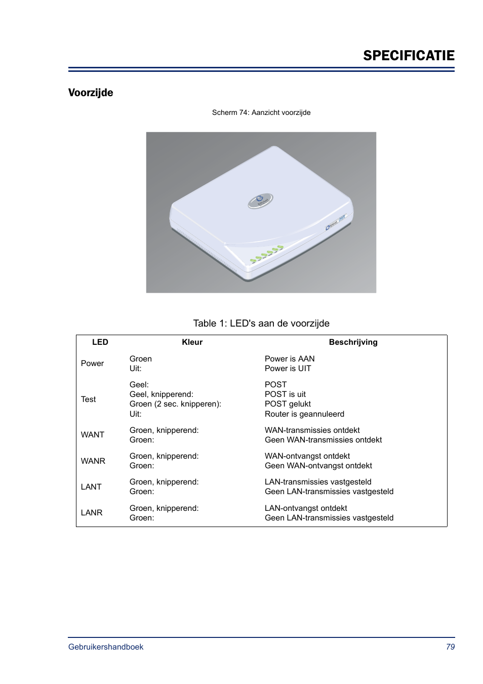 Specificatie, Voorzijde, Table 1: led's aan de voorzijde | Efficient Networks SB5835 User Manual | Page 79 / 83