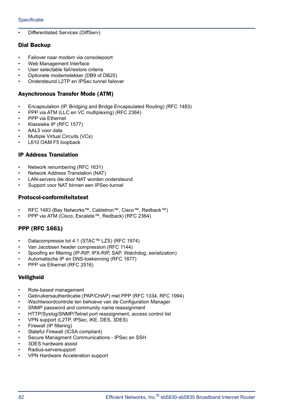 Dial backup, Asynchronous transfer mode (atm), Ip address translation | Protocol-conformiteitstest, Ppp (rfc 1661), Veiligheid | Efficient Networks SB5835 User Manual | Page 82 / 83