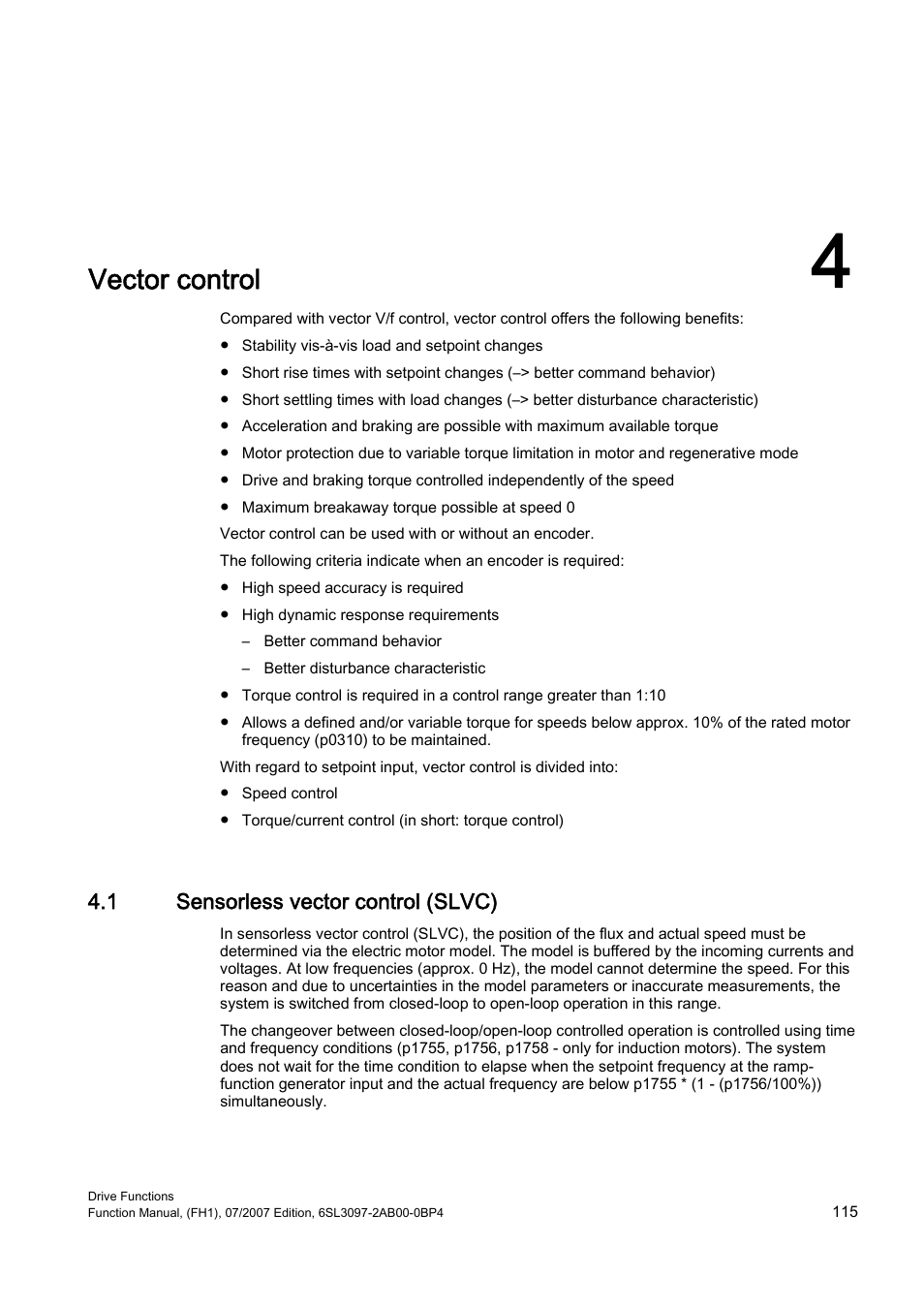 4 vector control, 1 sensorless vector control (slvc), Vector control | Efficient Networks Siemens Sinamics S120 User Manual | Page 115 / 560