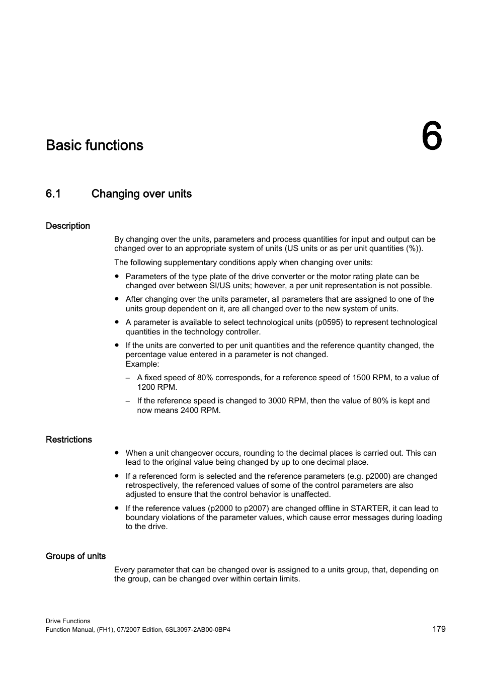 6 basic functions, 1 changing over units, Basic functions | Efficient Networks Siemens Sinamics S120 User Manual | Page 179 / 560