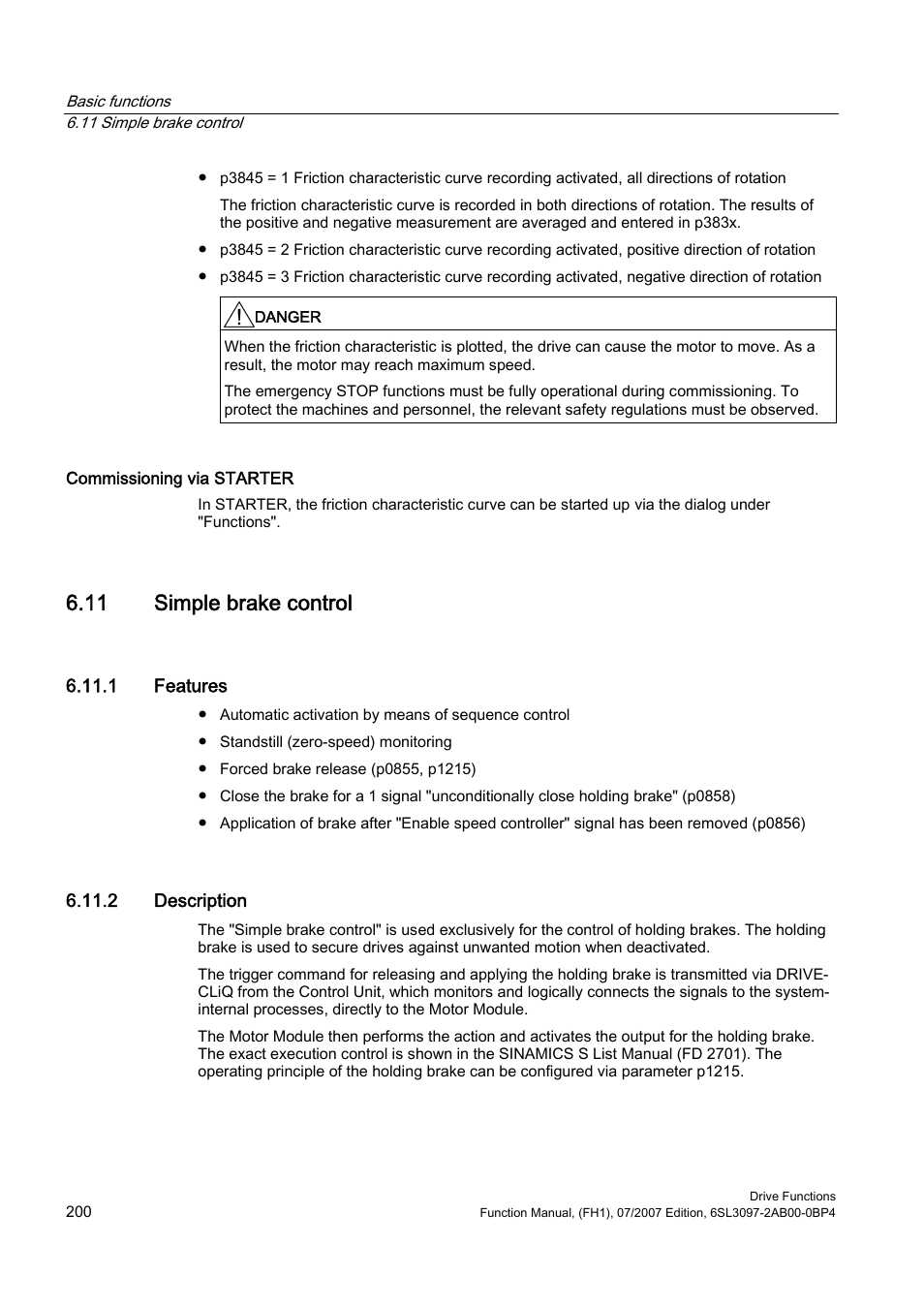 11 simple brake control, 1 features, 2 description | Efficient Networks Siemens Sinamics S120 User Manual | Page 200 / 560