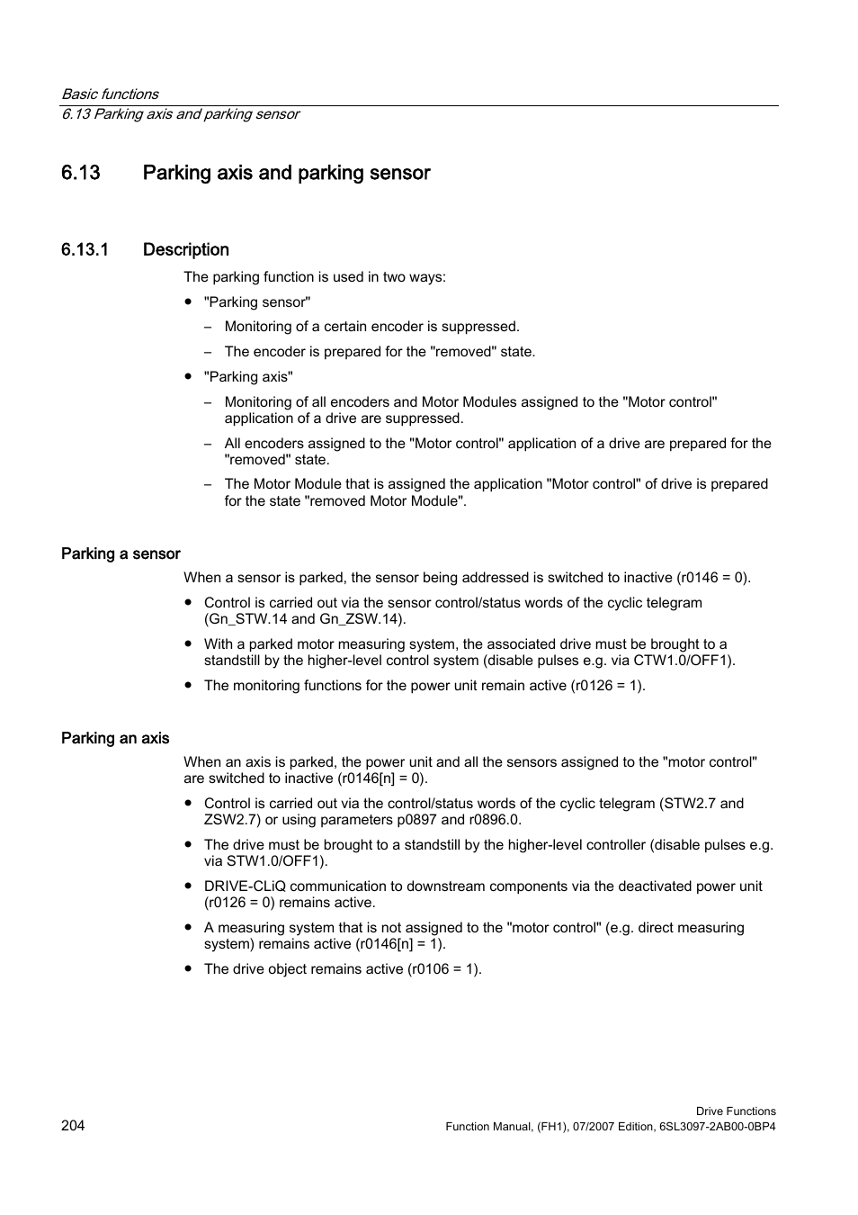 13 parking axis and parking sensor, 1 description | Efficient Networks Siemens Sinamics S120 User Manual | Page 204 / 560