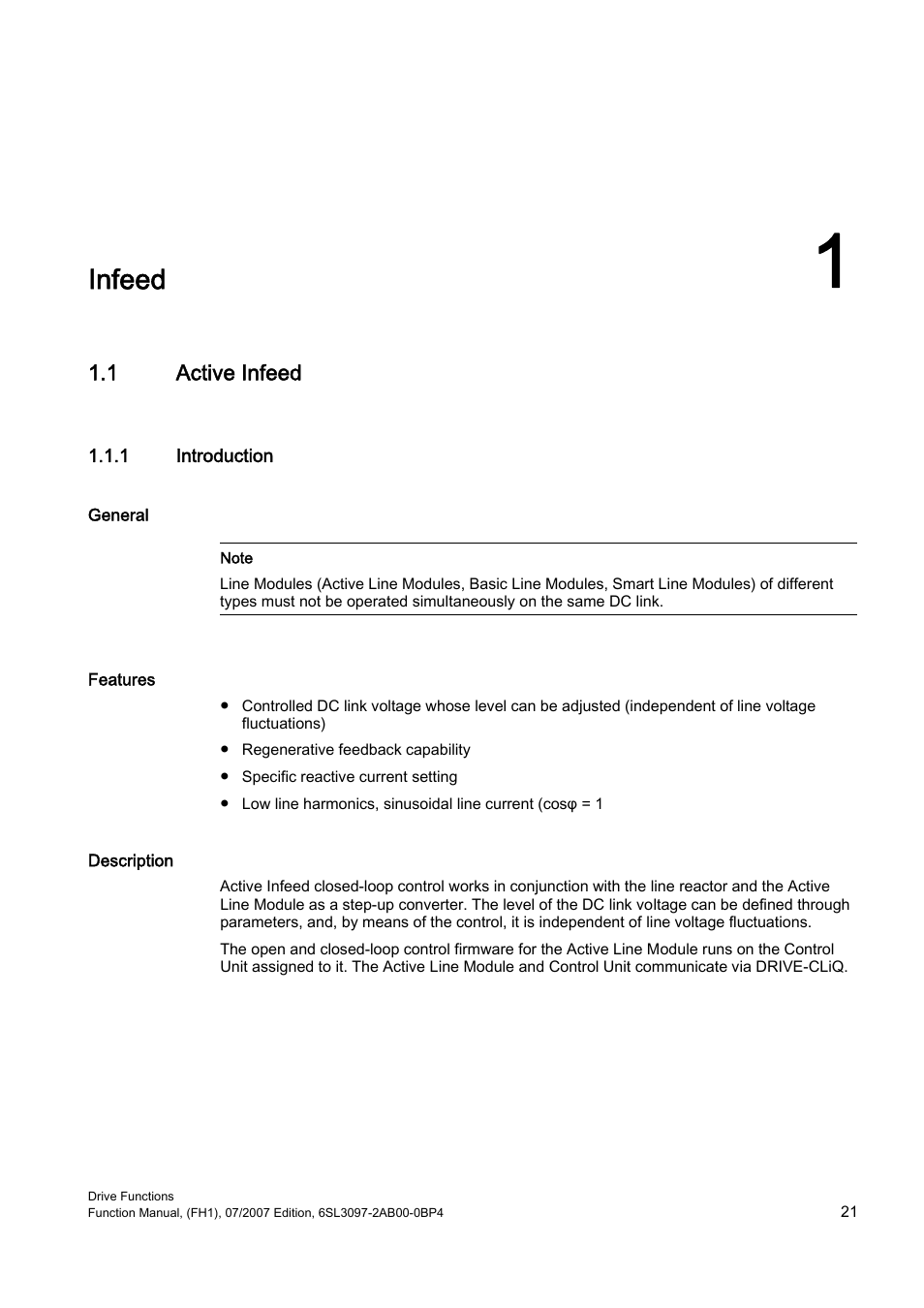 1 infeed, 1 active infeed, 1 introduction | Infeed | Efficient Networks Siemens Sinamics S120 User Manual | Page 21 / 560