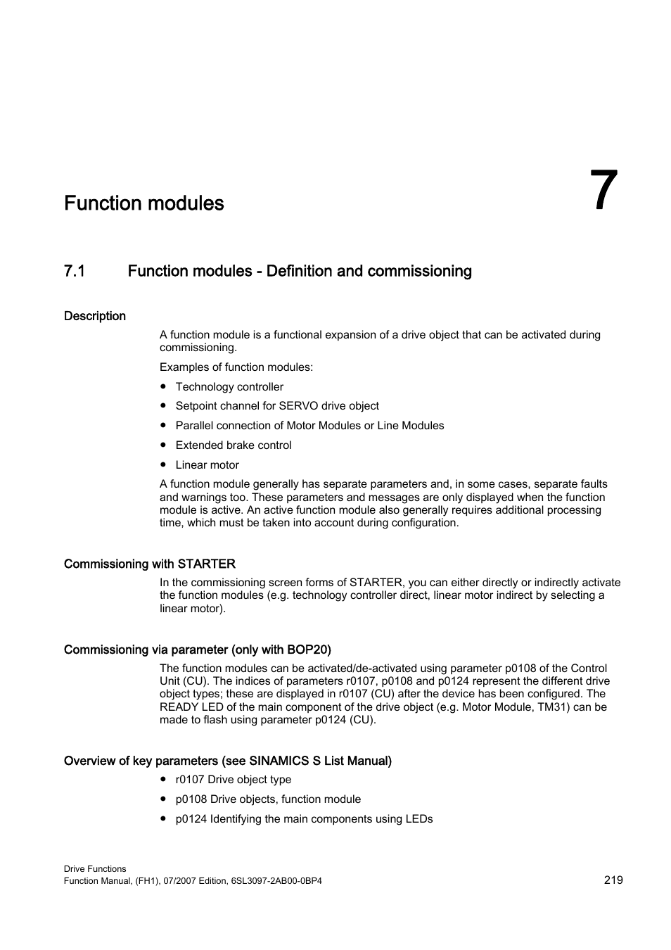 7 function modules, 1 function modules - definition and commissioning, Function modules | Efficient Networks Siemens Sinamics S120 User Manual | Page 219 / 560