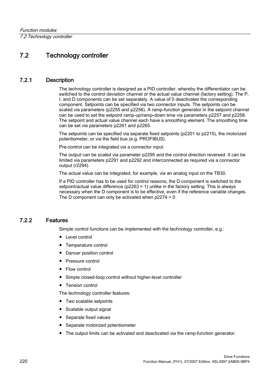 2 technology controller, 1 description, 2 features | Efficient Networks Siemens Sinamics S120 User Manual | Page 220 / 560