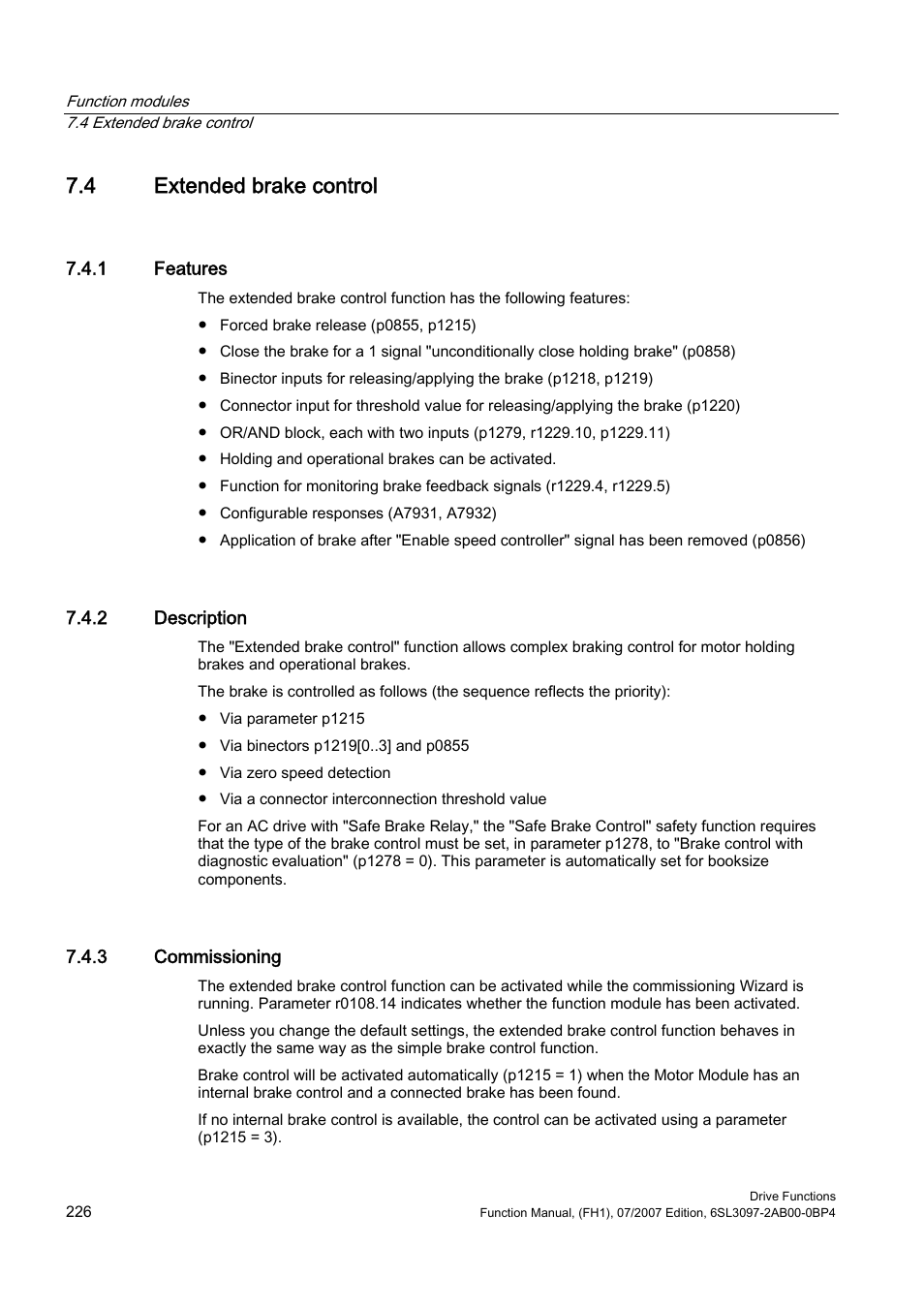 4 extended brake control, 1 features, 2 description | 3 commissioning | Efficient Networks Siemens Sinamics S120 User Manual | Page 226 / 560