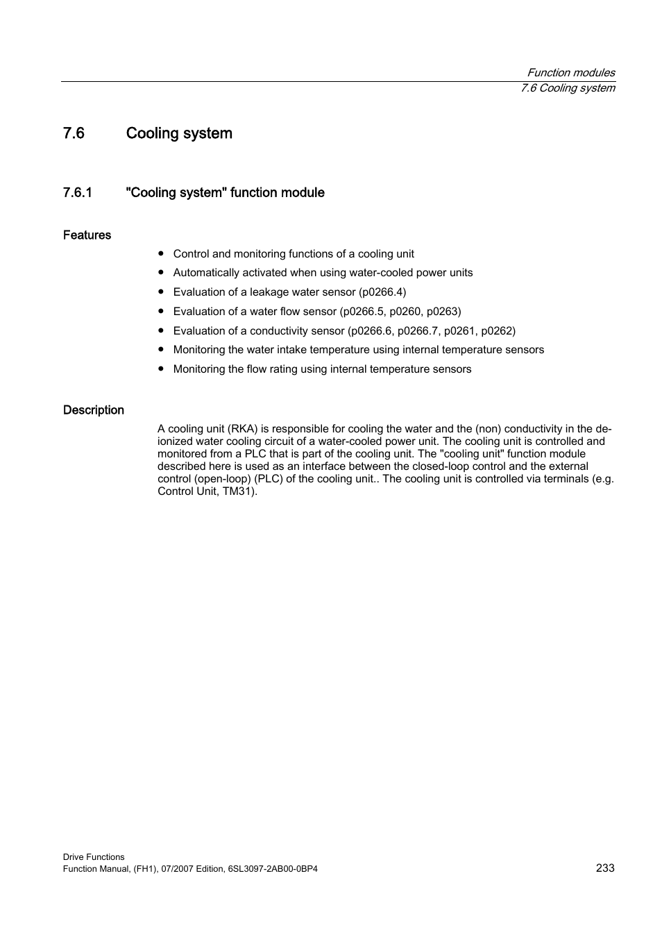 6 cooling system, 1 "cooling system" function module | Efficient Networks Siemens Sinamics S120 User Manual | Page 233 / 560