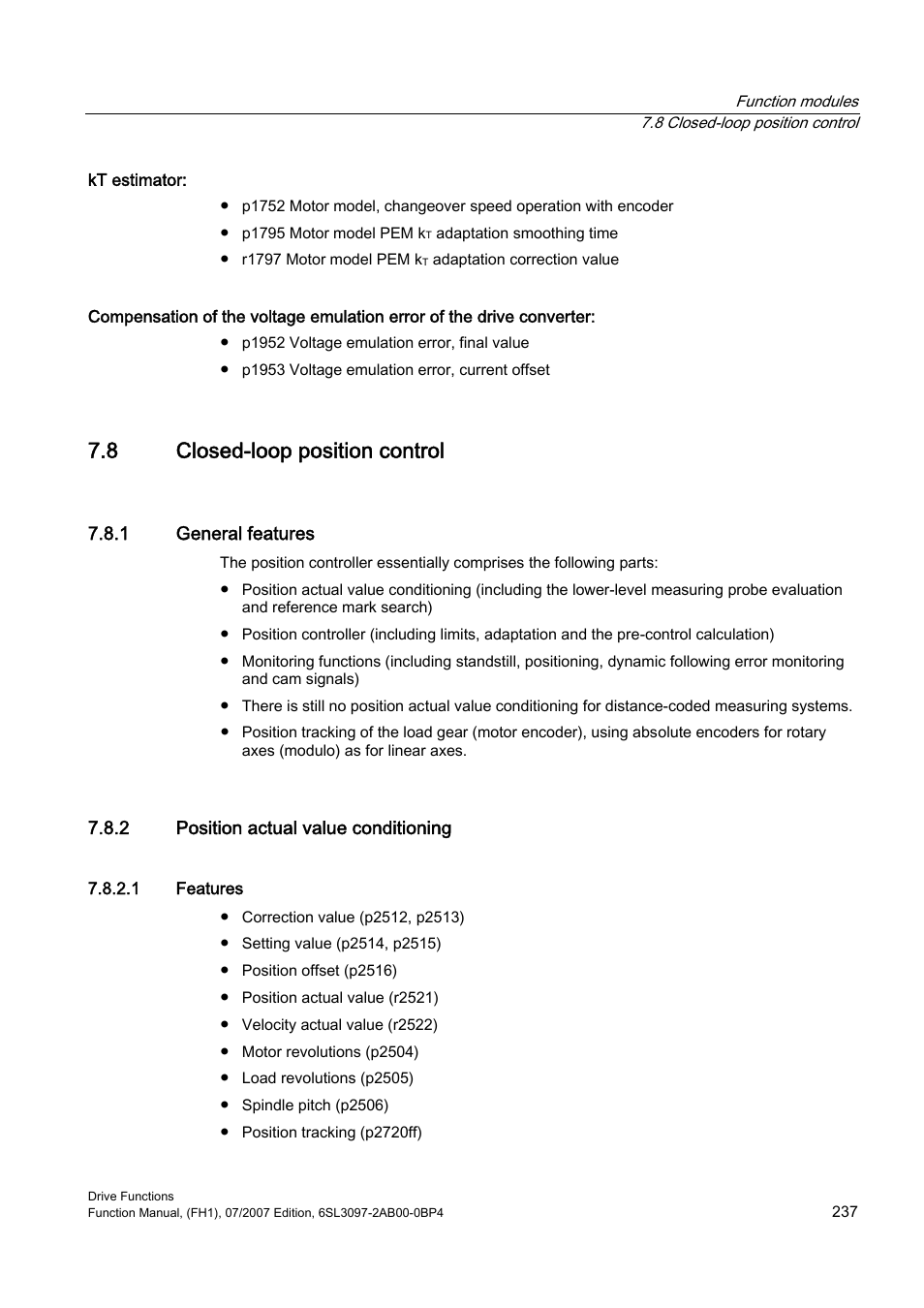 8 closed-loop position control, 1 general features, 2 position actual value conditioning | 1 features | Efficient Networks Siemens Sinamics S120 User Manual | Page 237 / 560
