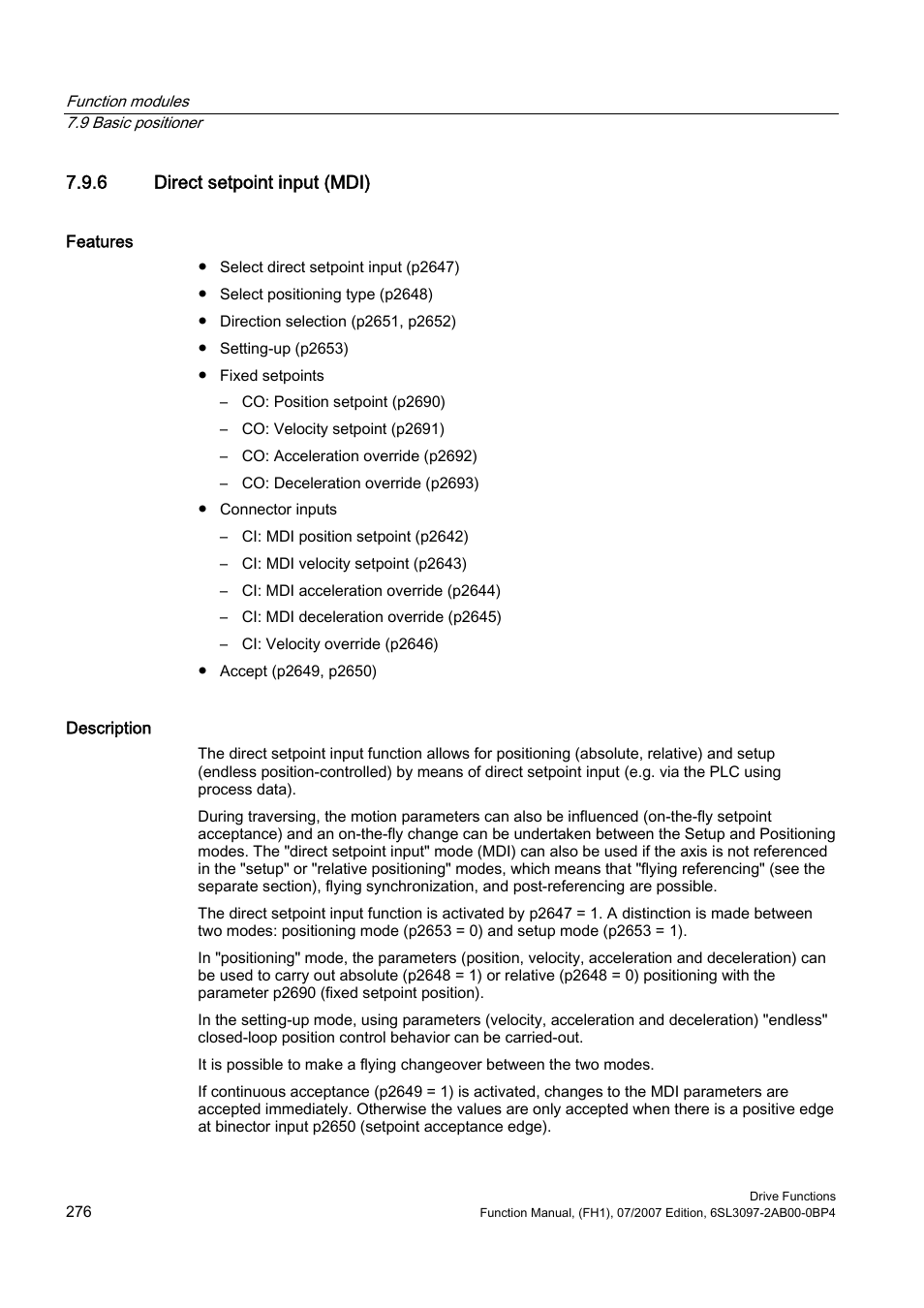 6 direct setpoint input (mdi) | Efficient Networks Siemens Sinamics S120 User Manual | Page 276 / 560