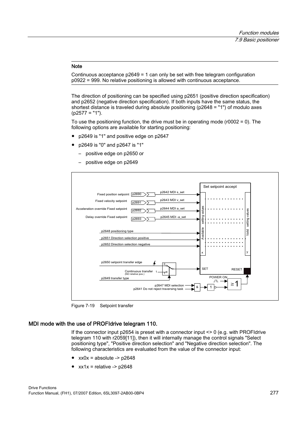 Mdi mode with the use of profidrive telegram 110, Function modules 7.9 basic positioner | Efficient Networks Siemens Sinamics S120 User Manual | Page 277 / 560
