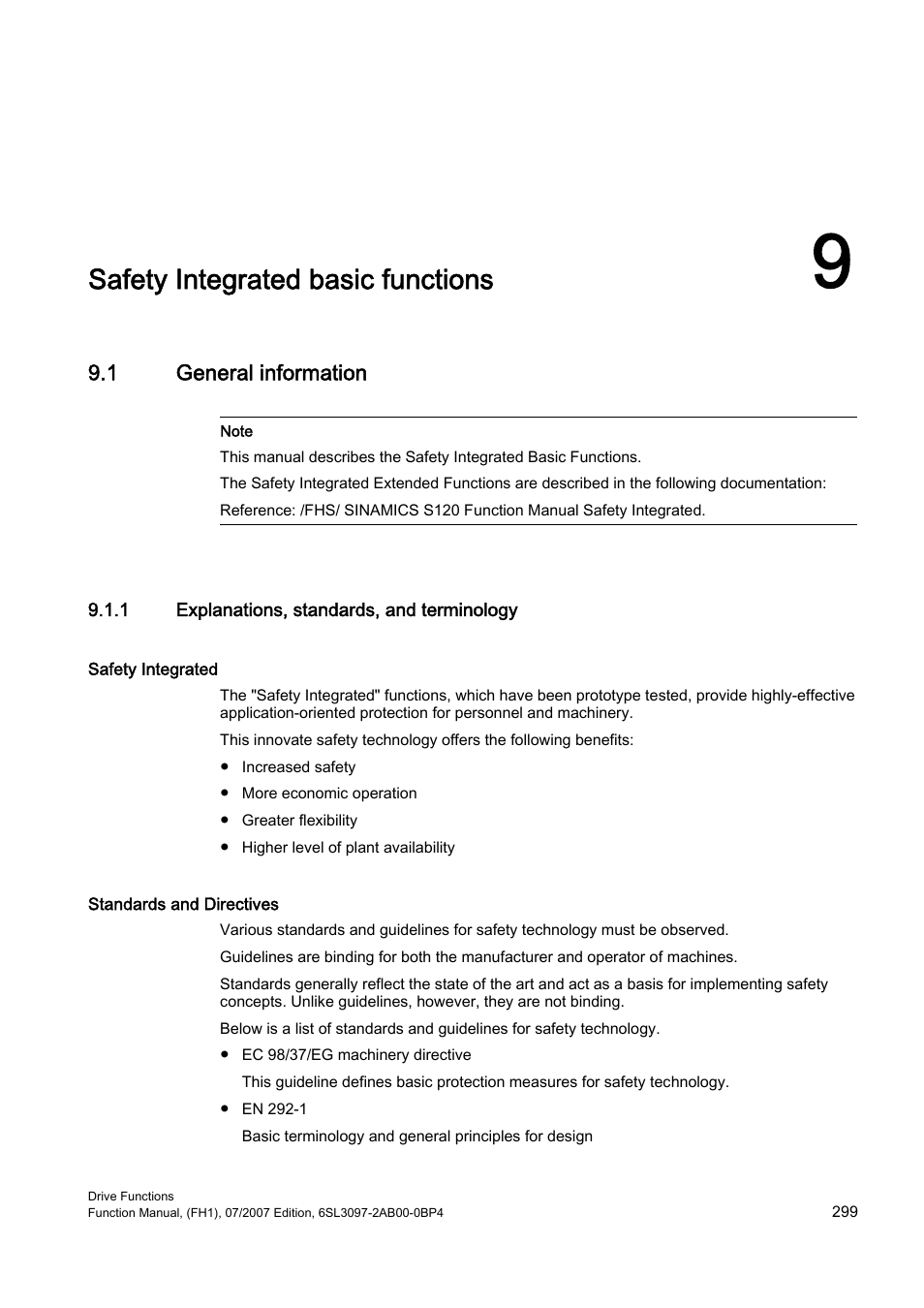 9 safety integrated basic functions, 1 general information, 1 explanations, standards, and terminology | Safety integrated basic, Functions, Safety integrated basic functions | Efficient Networks Siemens Sinamics S120 User Manual | Page 299 / 560