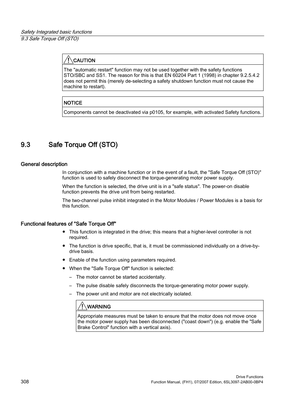 3 safe torque off (sto) | Efficient Networks Siemens Sinamics S120 User Manual | Page 308 / 560