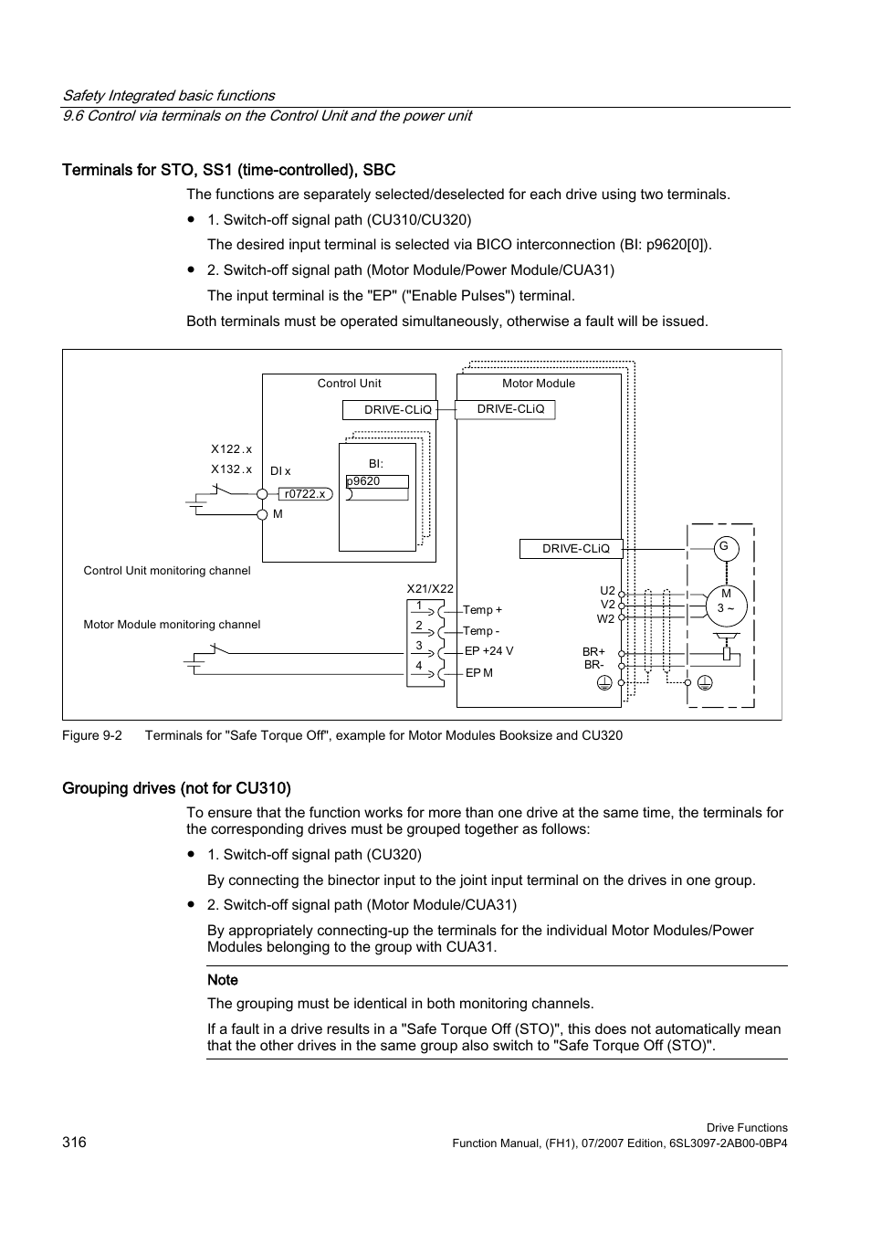Terminals for sto, ss1 (time-controlled), sbc, Grouping drives (not for cu310) | Efficient Networks Siemens Sinamics S120 User Manual | Page 316 / 560