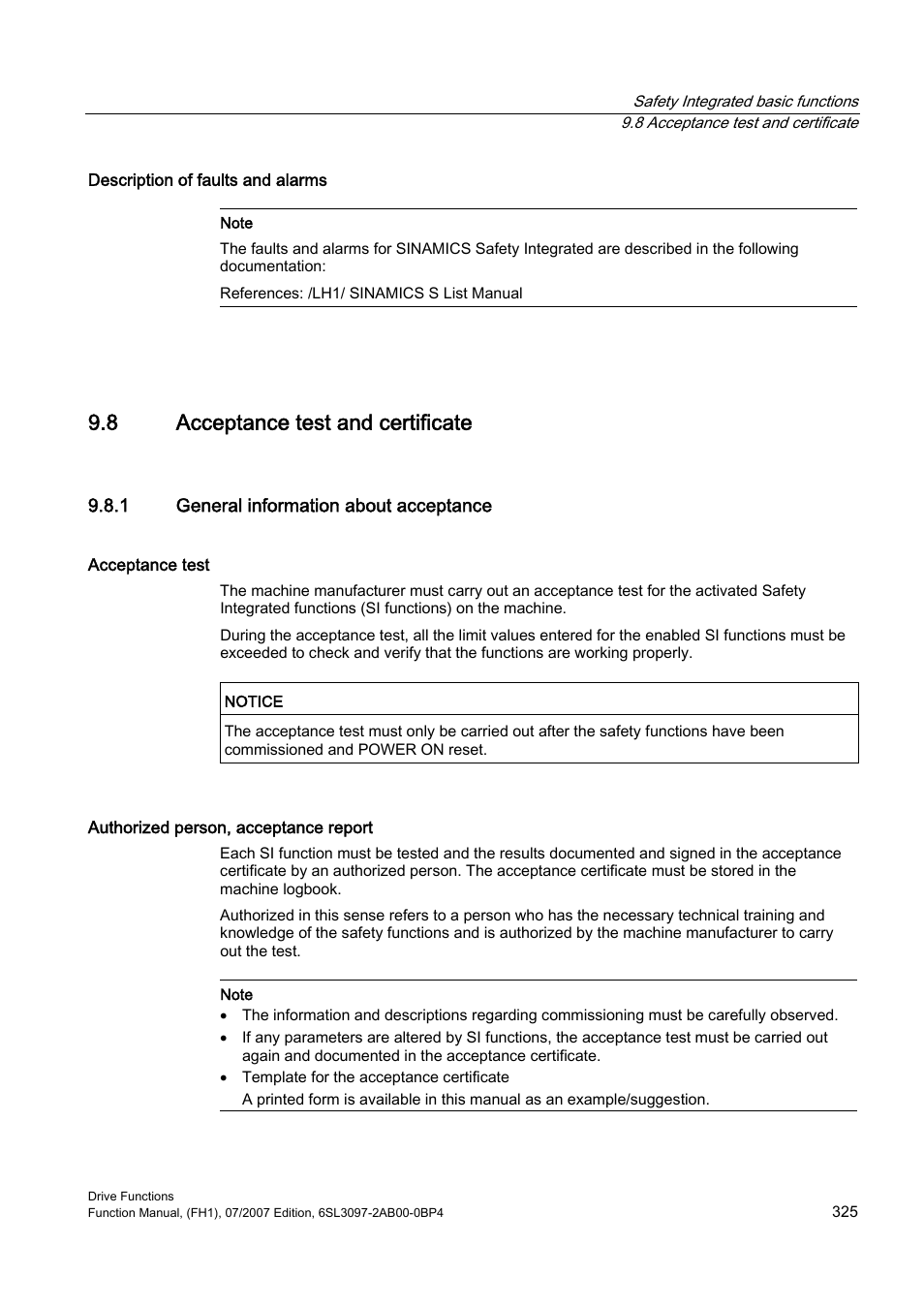 8 acceptance test and certificate, 1 general information about acceptance | Efficient Networks Siemens Sinamics S120 User Manual | Page 325 / 560