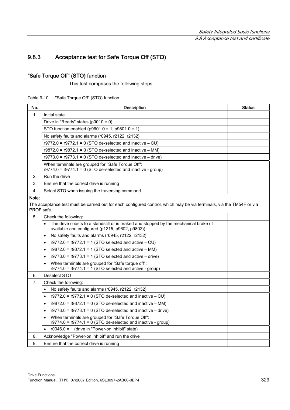 3 acceptance test for safe torque off (sto) | Efficient Networks Siemens Sinamics S120 User Manual | Page 329 / 560