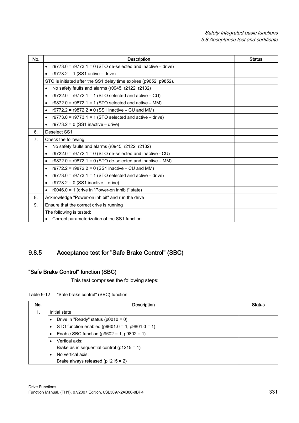 5 acceptance test for "safe brake control" (sbc) | Efficient Networks Siemens Sinamics S120 User Manual | Page 331 / 560