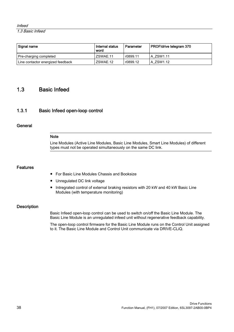 3 basic infeed, 1 basic infeed open-loop control | Efficient Networks Siemens Sinamics S120 User Manual | Page 38 / 560