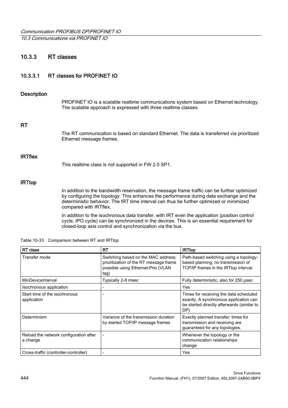 3 rt classes, 1 rt classes for profinet io | Efficient Networks Siemens Sinamics S120 User Manual | Page 444 / 560