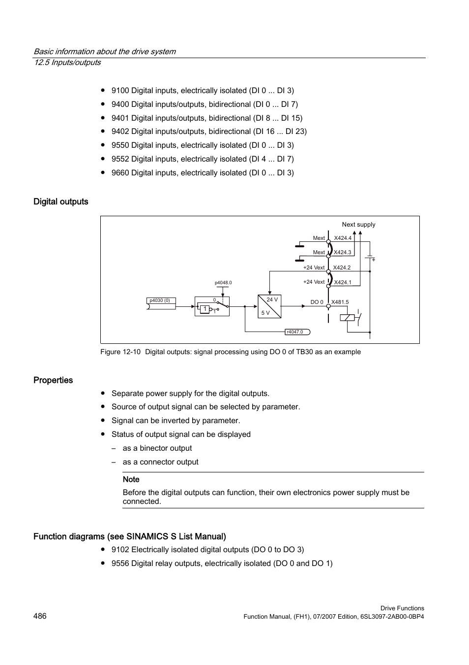 Digital outputs, Properties, Function diagrams (see sinamics s list manual) | Efficient Networks Siemens Sinamics S120 User Manual | Page 486 / 560