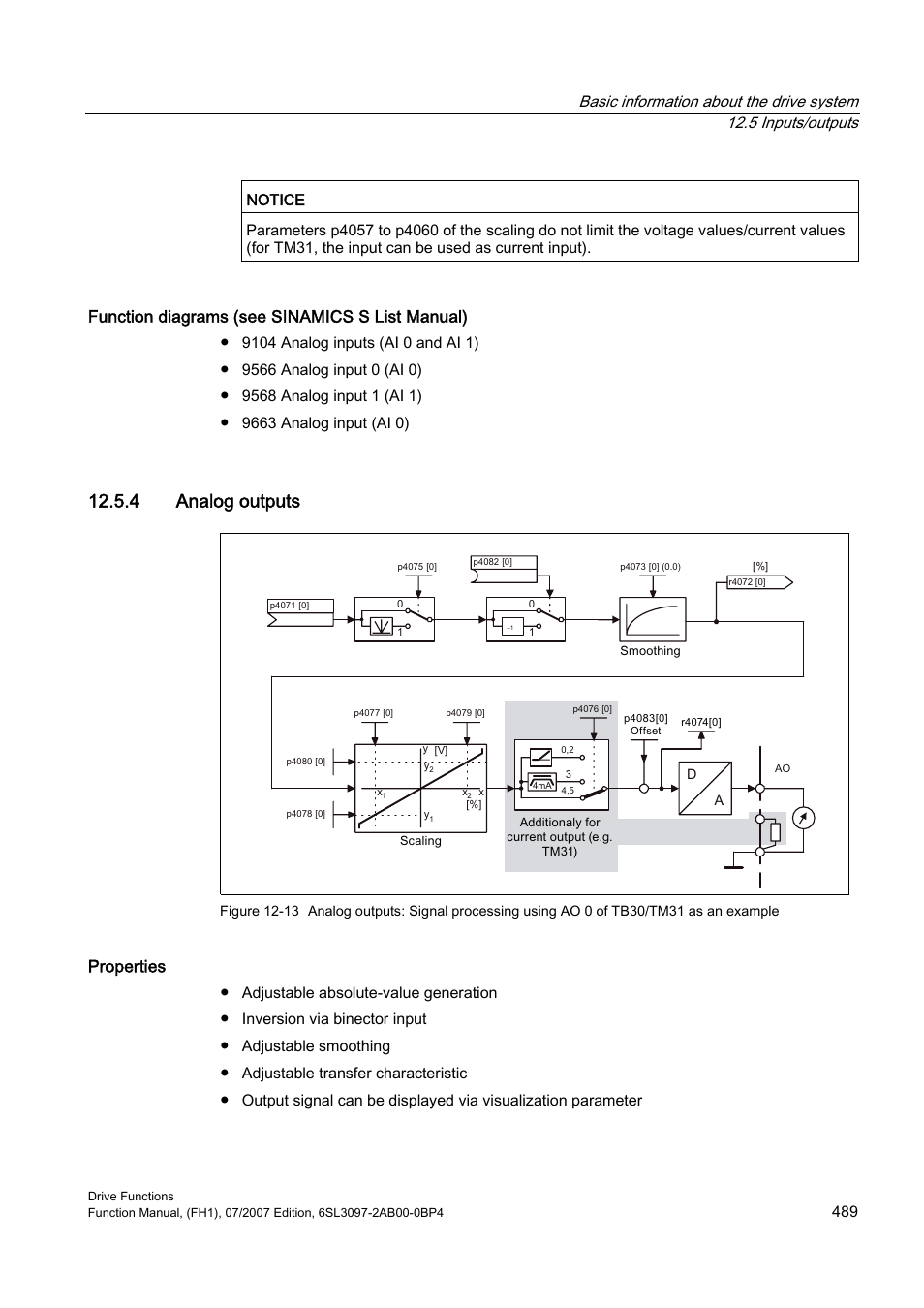 4 analog outputs, Function diagrams (see sinamics s list manual), Properties | Notice | Efficient Networks Siemens Sinamics S120 User Manual | Page 489 / 560