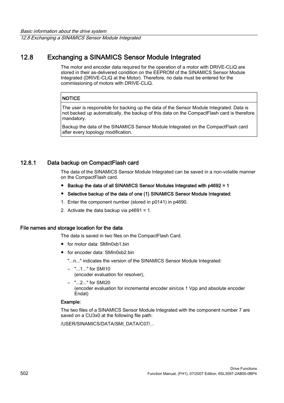 8 exchanging a sinamics sensor module integrated, 1 data backup on compactflash card | Efficient Networks Siemens Sinamics S120 User Manual | Page 502 / 560
