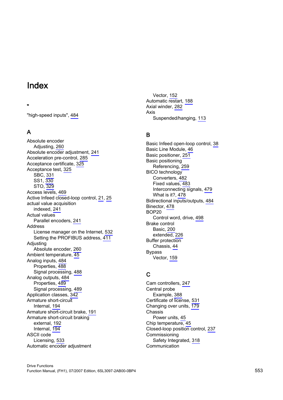 Index | Efficient Networks Siemens Sinamics S120 User Manual | Page 553 / 560