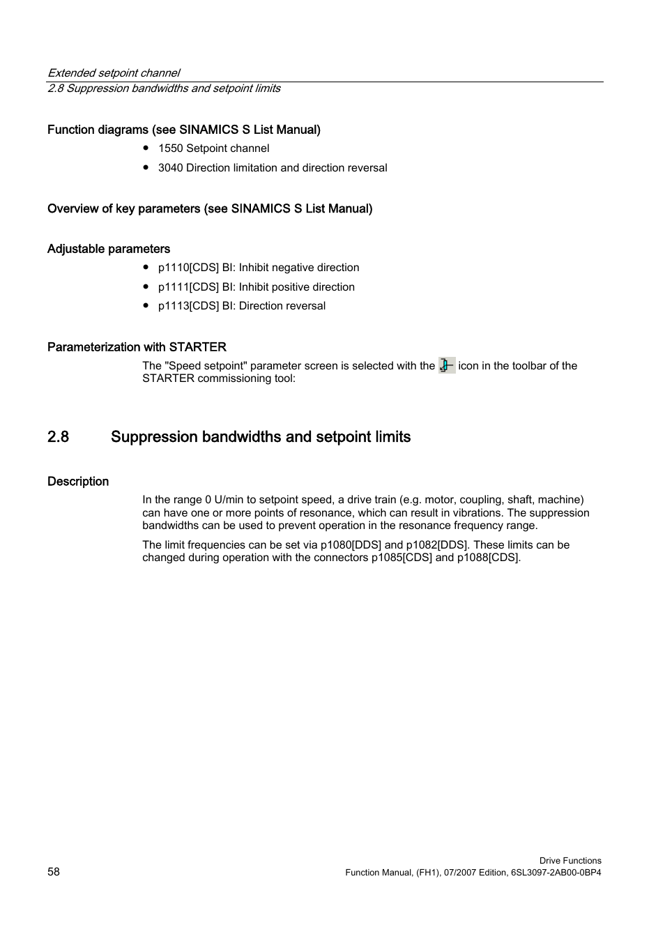 8 suppression bandwidths and setpoint limits | Efficient Networks Siemens Sinamics S120 User Manual | Page 58 / 560