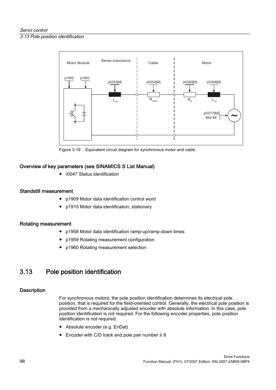 13 pole position identification, Standstill measurement, Rotating measurement | Description | Efficient Networks Siemens Sinamics S120 User Manual | Page 98 / 560