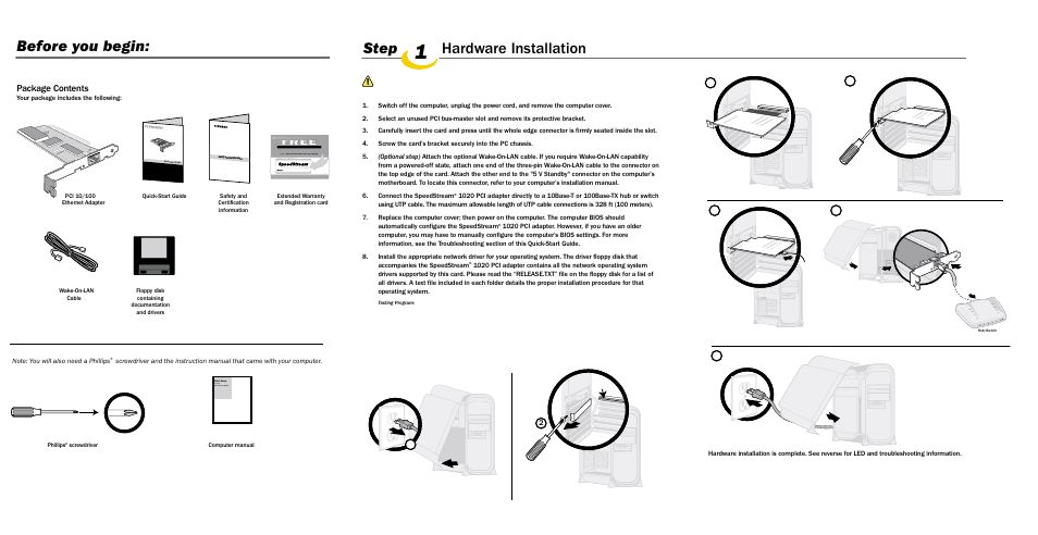 Before you begin: step, Hardware installation, Package contents | Efficient Networks PCI 10/100 User Manual | Page 2 / 6