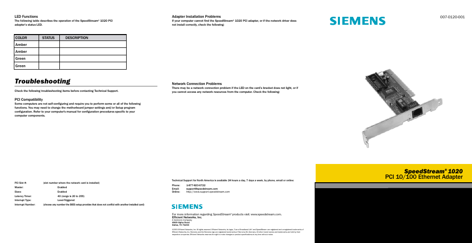 Quick-start guide, Troubleshooting, Speedstream | Led functions, Pci compatibility, Network connection problems | Efficient Networks PCI 10/100 User Manual | Page 5 / 6