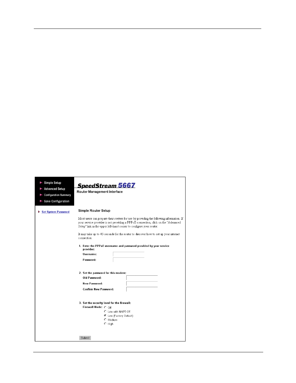 Navigating the web interface, Configuring the router | Efficient Networks SpeedStream 5667 User Manual | Page 22 / 55