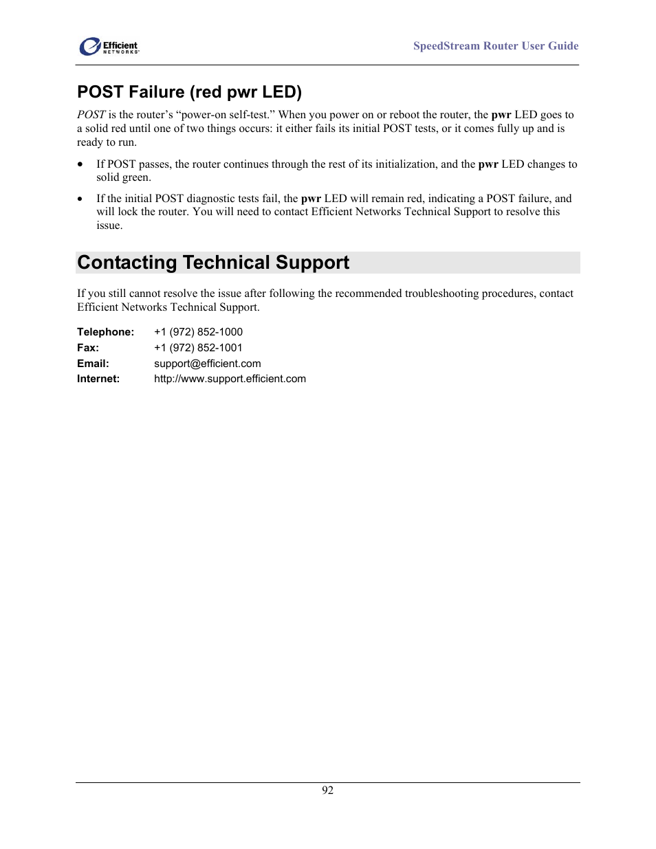 Post failure (red pwr led), Contacting technical support | Efficient Networks 5100 User Manual | Page 102 / 129