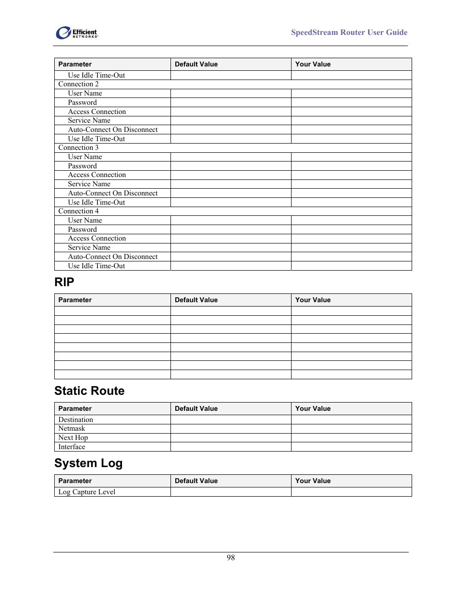 Static route, System log | Efficient Networks 5100 User Manual | Page 108 / 129
