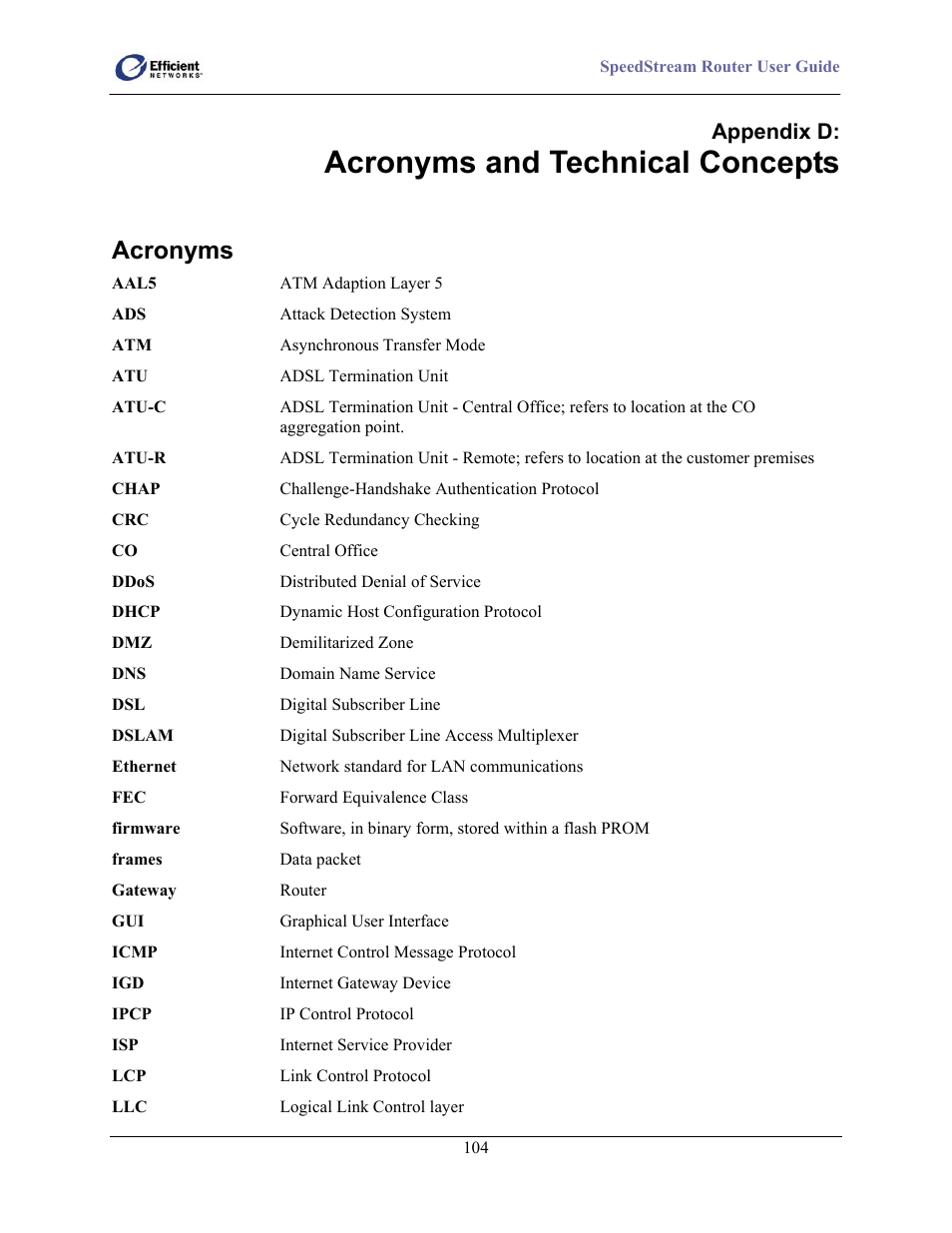 Acronyms, Acronyms and technical concepts, Appendix d | Efficient Networks 5100 User Manual | Page 114 / 129