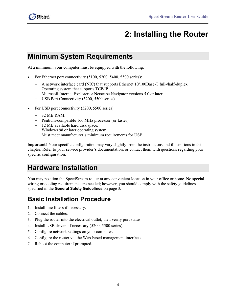 Minimum system requirements, Hardware installation, Basic installation procedure | Installing the router | Efficient Networks 5100 User Manual | Page 14 / 129