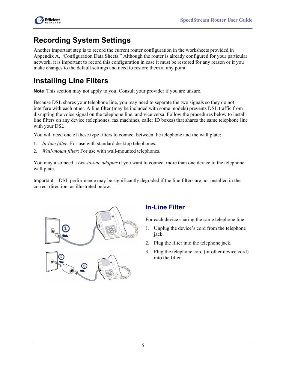 Recording system settings, Installing line filters, In-line filter | Efficient Networks 5100 User Manual | Page 15 / 129
