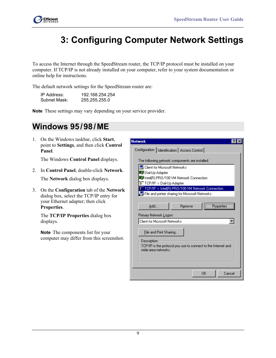 Windows 95 / 98 / me, Configuring computer network settings, Windows 95 | Efficient Networks 5100 User Manual | Page 19 / 129