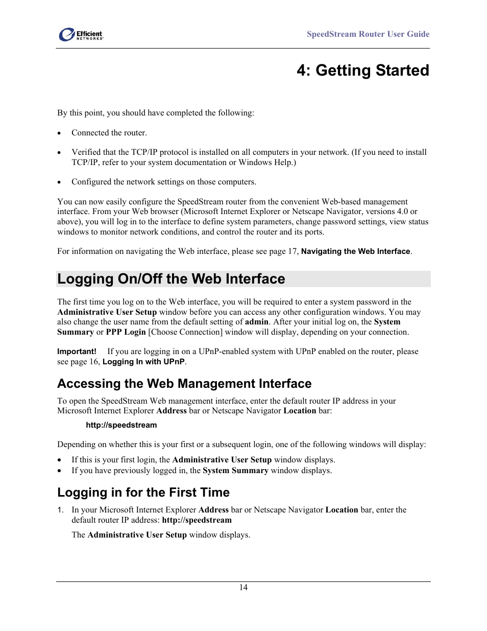 Logging on/off the web interface, Accessing the web management interface, Logging in for the first time | Getting started | Efficient Networks 5100 User Manual | Page 24 / 129