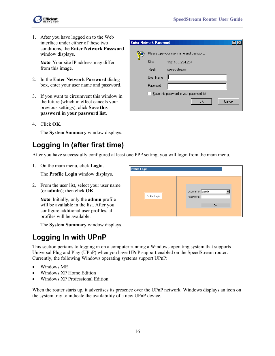 Logging in (after first time), Logging in with upnp | Efficient Networks 5100 User Manual | Page 26 / 129